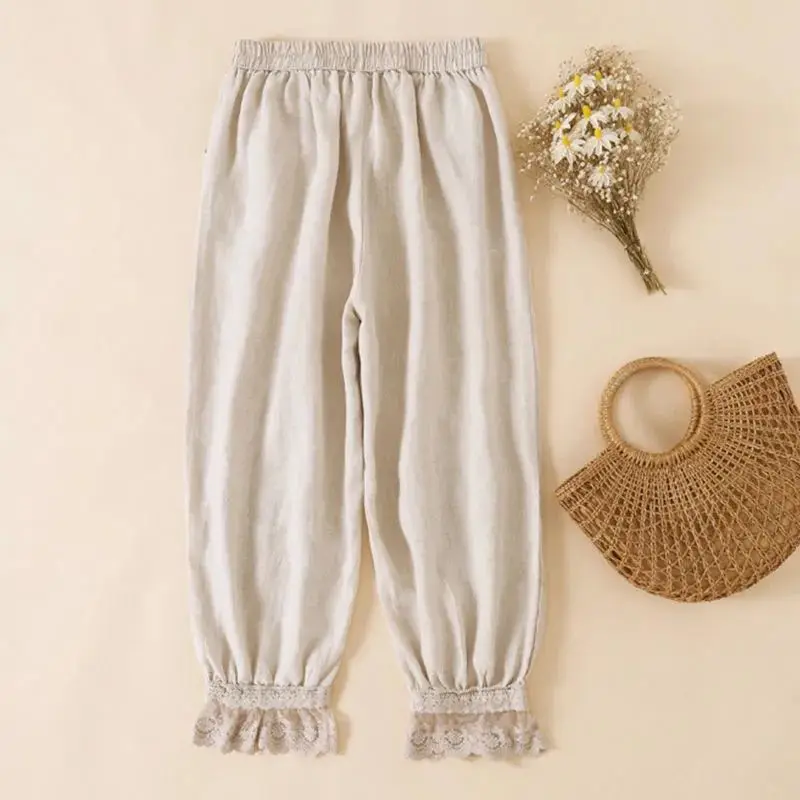 Bloomers Lace Linen Solid Casual Elastic High Waist Loose Wide Leg Women's Pants Ankle-Length Pants For Women Clothing 2024