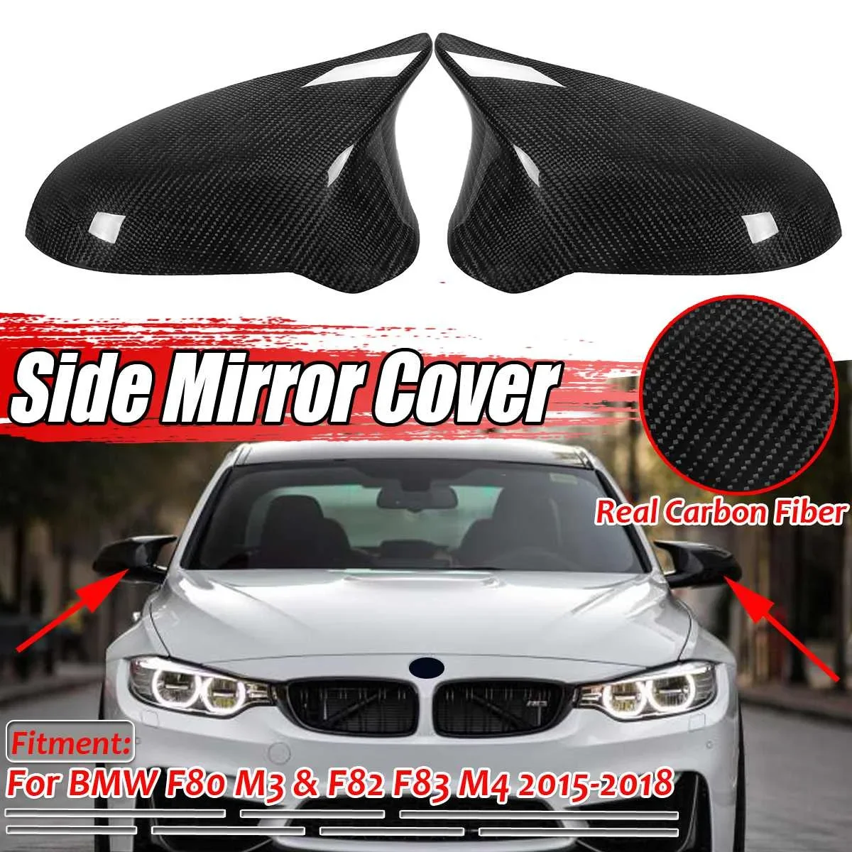 2PCS Real Carbon Fiber Car Side Mirror Cover Outside Rearview Mirror Cover Caps Replacement For BMW F80 M3 &F82 M4 2015-2018