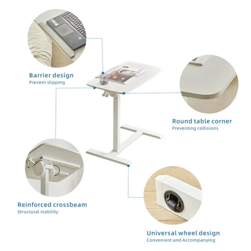 One Hand Height Adjustable Standing Desk, Angle Tiltable Laptop Side Table, Mobile Medical Bedside Overbed Lifting Computer Desk
