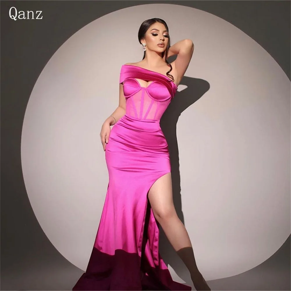 

Qanz Fashion Strapless One Shoulder Mermaid Evening Dress Elegant Long Fuchsia Formal Prom Gown Back Bow Split Robes De Soirée