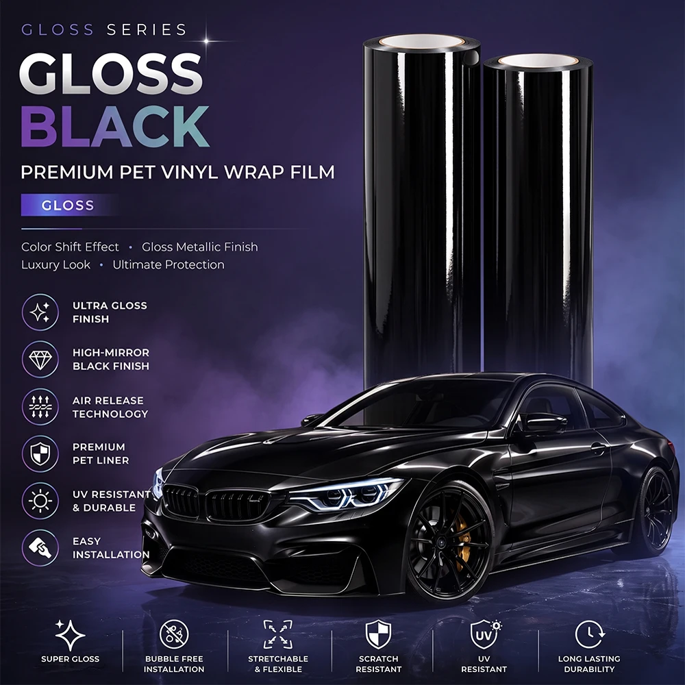 Premium brilhante preto auto-adesivo vinil carro envoltório filme veículo decalque pacote baseado de papel decoração automática filme bolha de ar livre