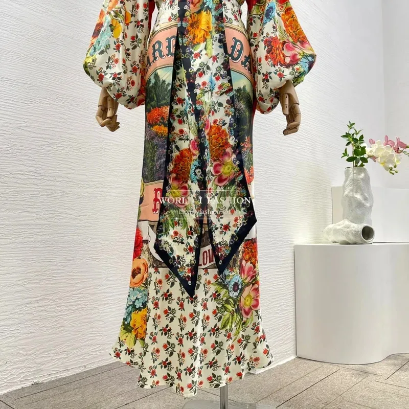 Pure Silk Mixed Color 2025 New High Quality Women Holiday Floral Print Full Lantern Sleeve Midi Mermaid Dress