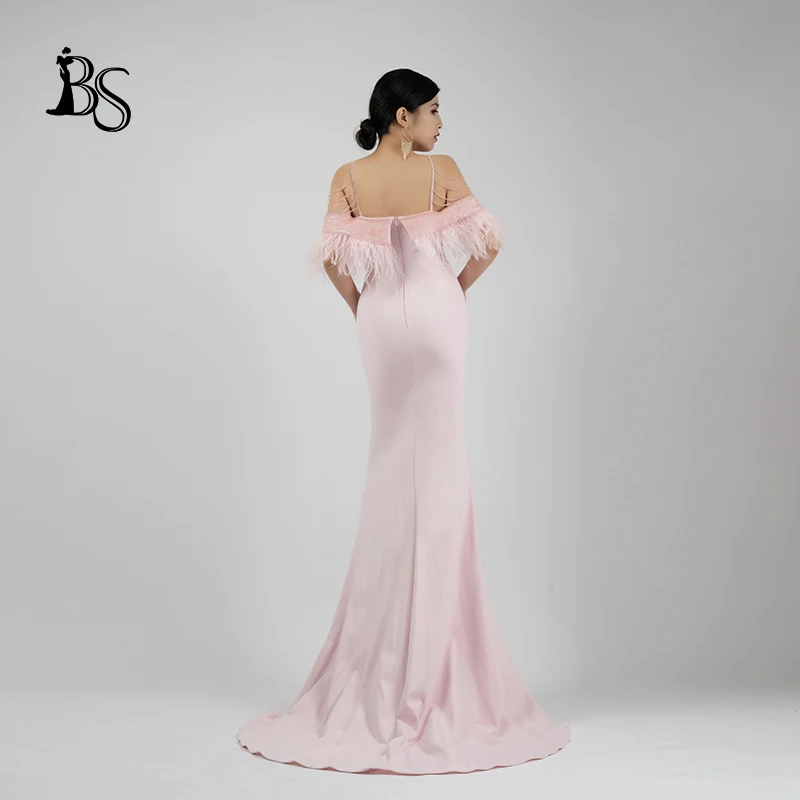 Vestido de noite sexy sem costas personalizado para mulheres, contas de unhas artesanais, cabelo de avestruz, casamento, rosa, H5