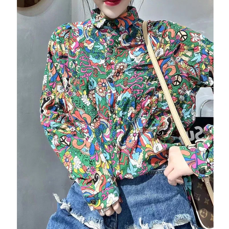 Women\'s Vintage Floral Printed Harajuku Shirt Fashion Lapel Long Sleeve Loose Blouse Spring Autumn Casual Chic Tops Blusas Mujer