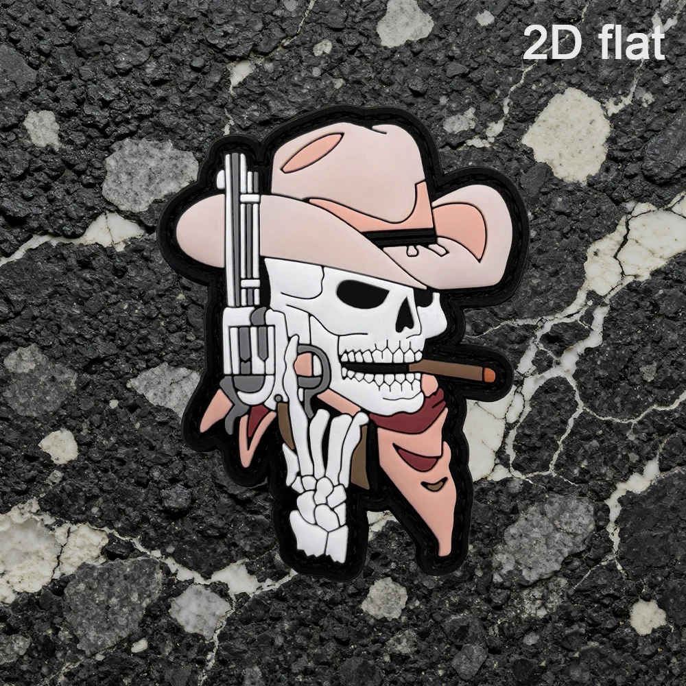 Cowboy-Totenkopf PVC-Aufkleber-Patch, Weichgummi, Klett-Taktik-Moralabzeichen – Mehrfarbig, perfekt für Armbinden, Rucksäcke und Kleidung – Stickerei-Patches