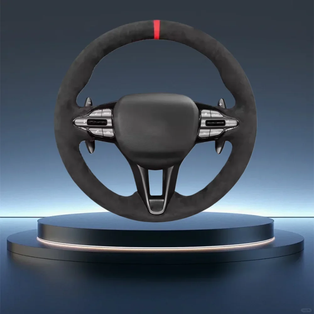 Para Hyundai Veloster N 2019-2021 i30 N 2018 2019 2020 Interior del coche cubierta de volante cosida a mano gamuza antideslizante negra