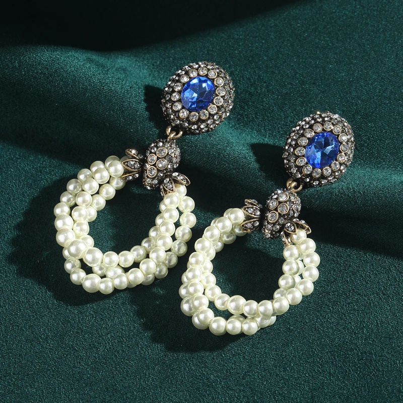 Vintage Circle Drop Pearl Earrings Dangle Freshwater Blue Crystal Antique Gold Color Charm Woman Luxury Accessories Jewelry