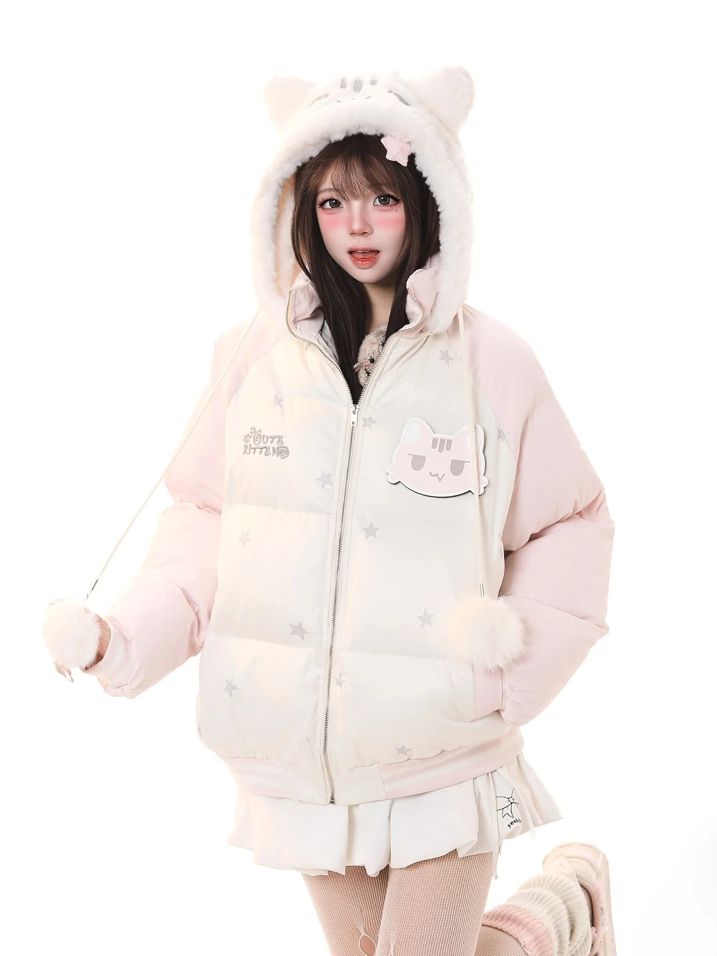 

Cute Cartoon Hooded Cotton Jaet Women's Winter Thiened Warm Sli Coat Sweet Sle Long Sve Zipper Closure