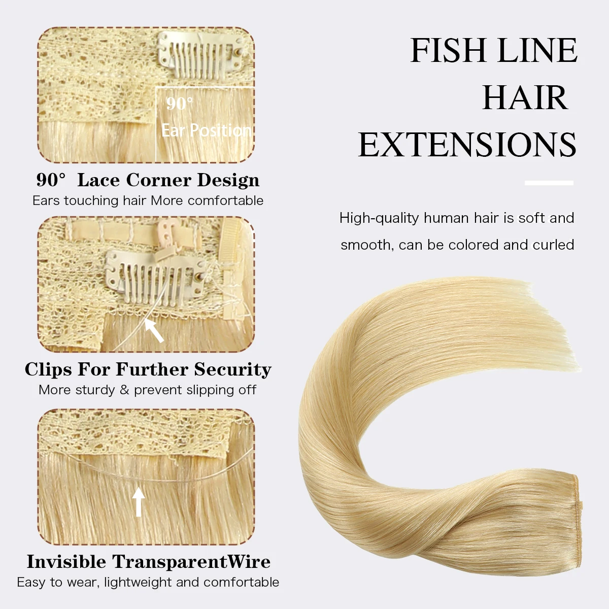 Invisible Wire Hair Extensions Real Human Hair 12-24Inch Blonde Color Transparent Fish Line Clip-Ins Hair Piece 100% Remy Huma - view 4