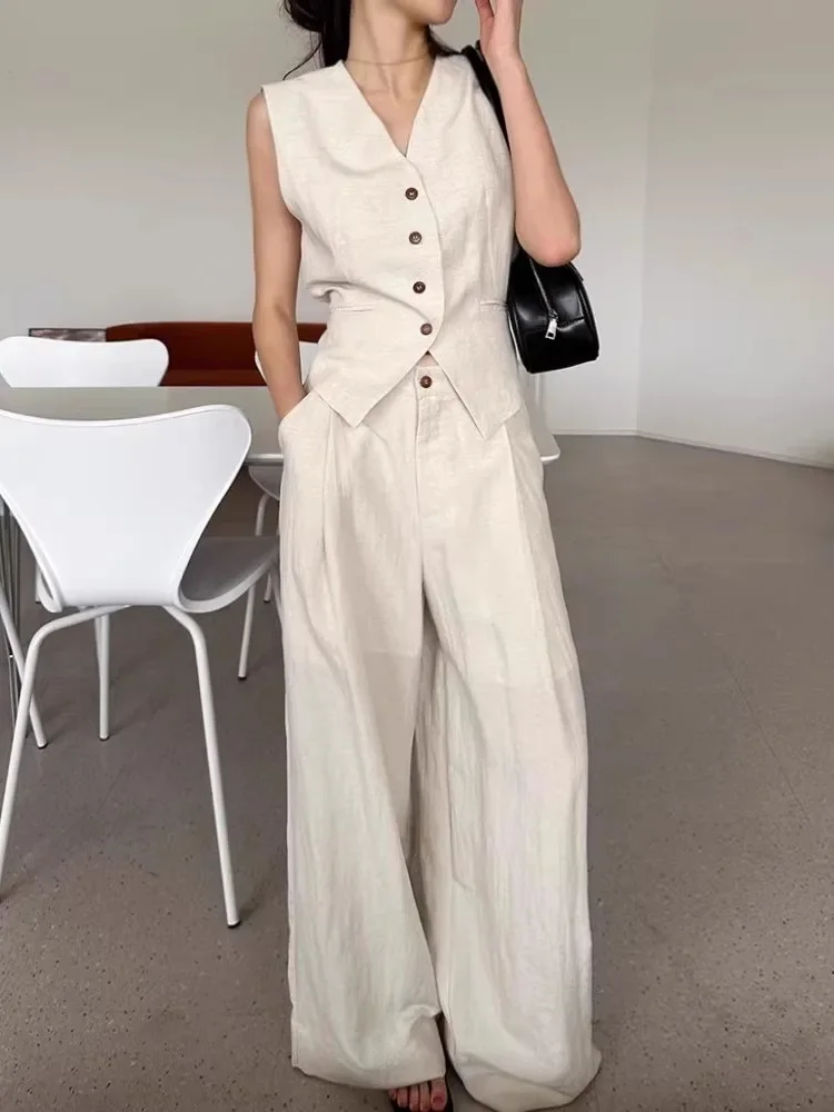 

Retro Temperament Set For Women'S Summer V-Neck Back Drawstring Vest Paired With Casual Wide Leg Pants Two-Piece Set