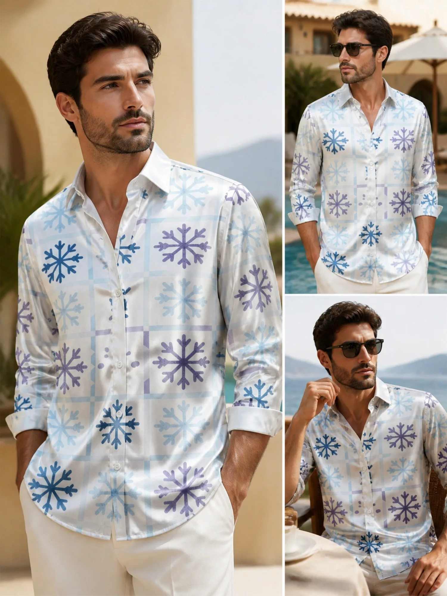 Mens Satin Long Sleeve Button Down Printed Dress Shirt Soft Smooth Fabric Comfort For Business Office Work Commute Everyday Wear