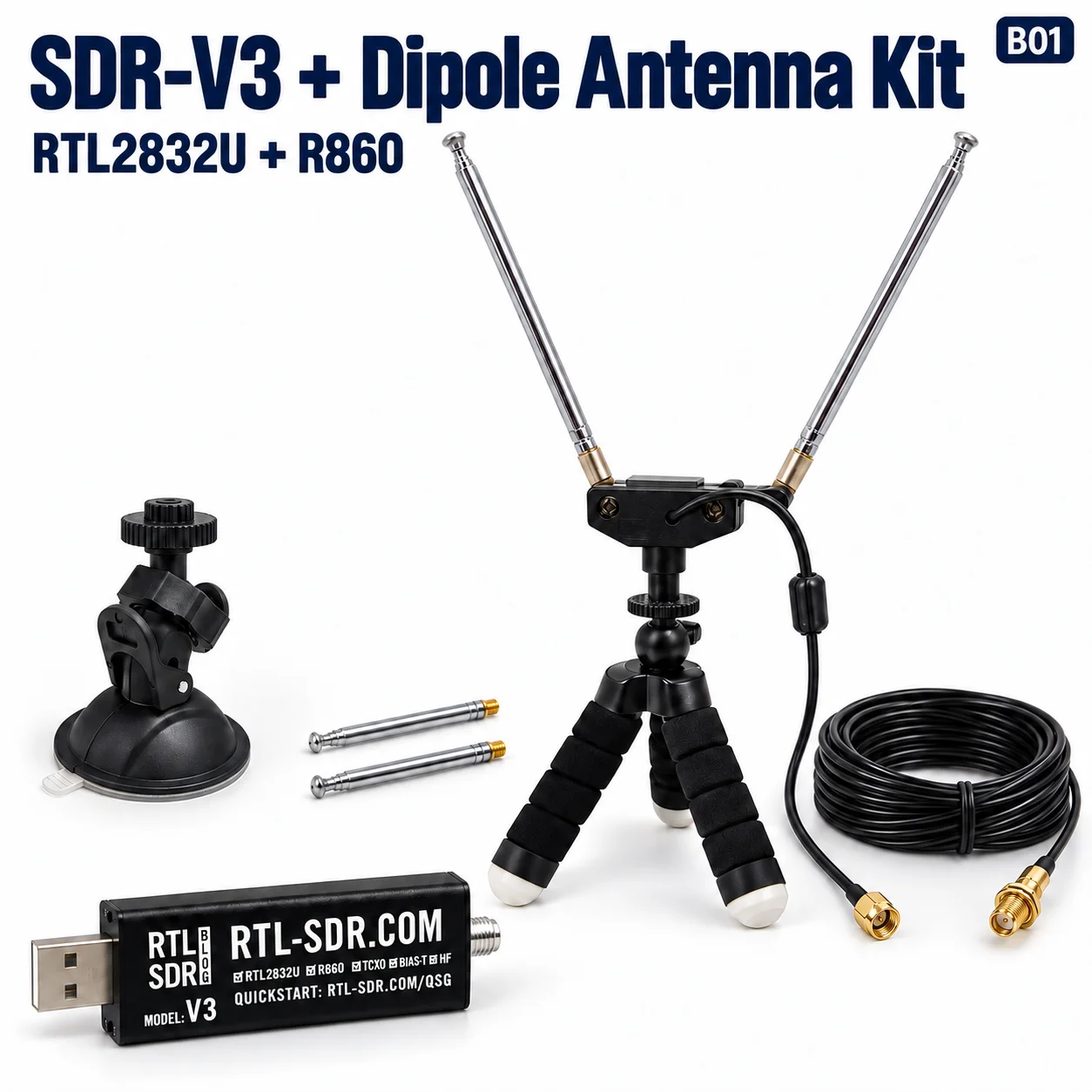 RTL-SDR V3 Software Defined Radio Receiver Kit with Adjustable Dipole Antenna, RTL2832U R860, 500kHz-1.7GHz Wideband SDR, 1PPM T