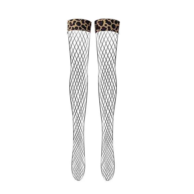 

Fashion Retro Leopard Print Patchwork Fishnet Stockings Sexy Mesh Over-The-Knee Stockings For Women