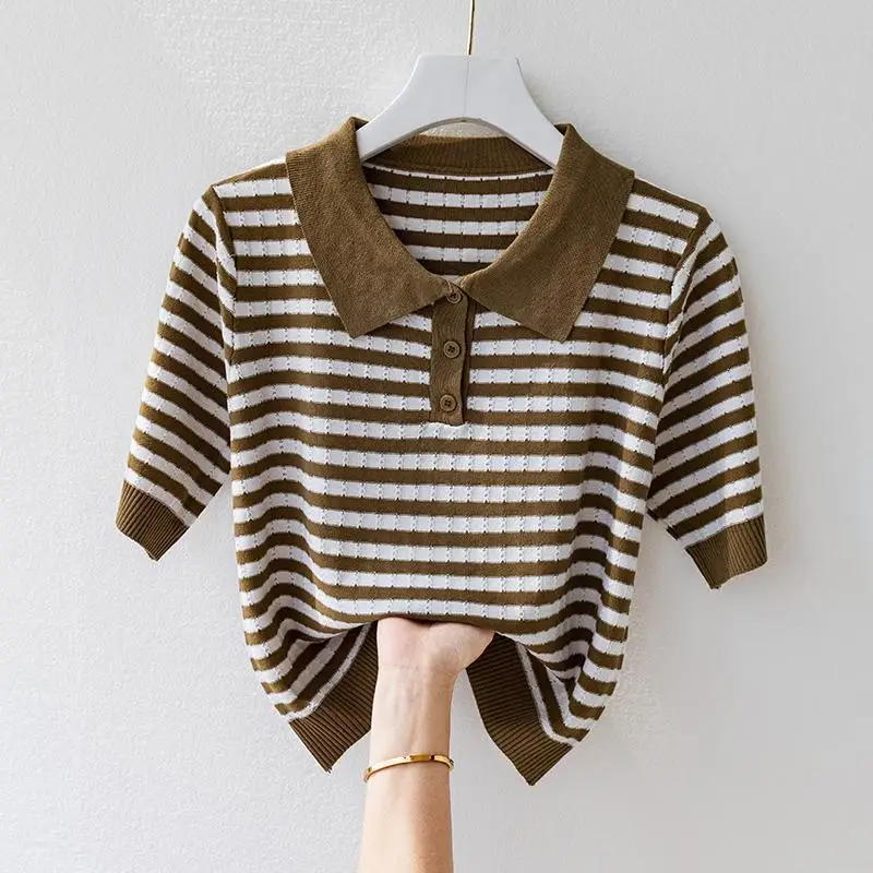Ice Silk Mid-sleeved Women's Sweater Summer Short Striped Lapel Fashionable High-end Shirt Polo Shirt T-shirt Top