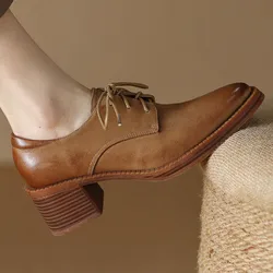 Pelle di pecora da donna 5.5cm di spessore tacco alto punta tonda oxford stringati stile britannico femminile scarpe con tacco morbido e confortevole di alta qualità