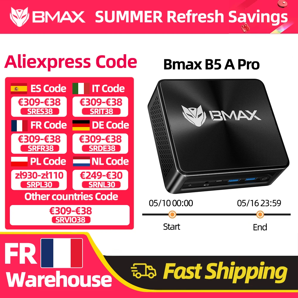 BMAX B5 A Pro Processeur AMD Ryzen7 5700U 5825U, Carte graphique AMD Radeon, 16 Go (prise en charge jusqu'à 64 Go) DDR4, 512 Go NVMe SSD, Windows 11, WiFi