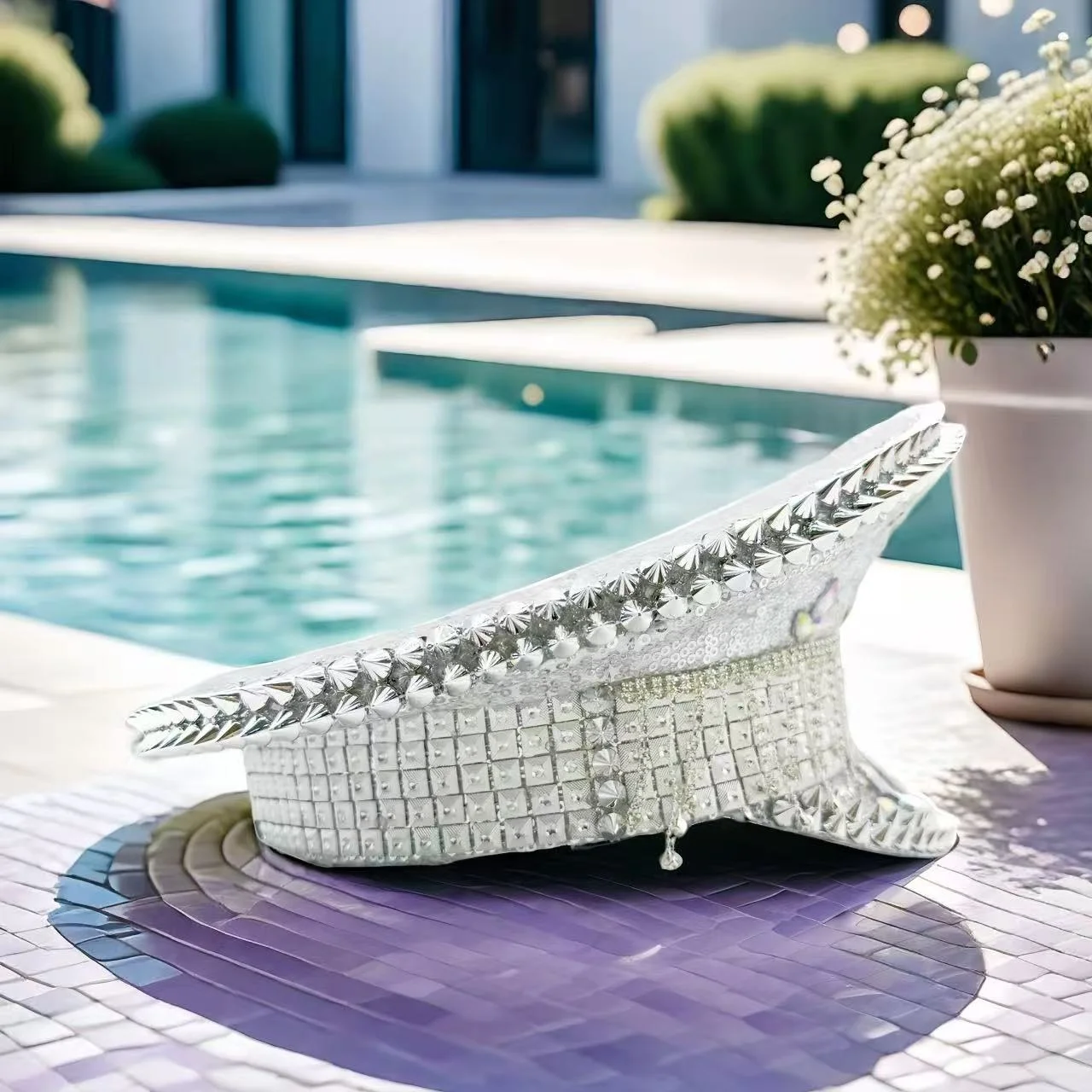 HongLuan Yellow Laser Leather Loop Captain Hat Rhinestone & Military Caps for Woman, Rave Festivals Accessories ＆ Party Cap Man