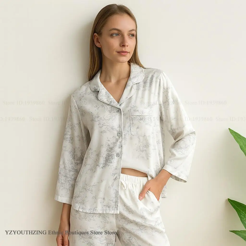 Female 2Pcs Pajamas Set Sleepwear Print Flower Long Sleeve Trouser Home Clothes Sexy Silky Satin Lingerie Nightwear Loungewear