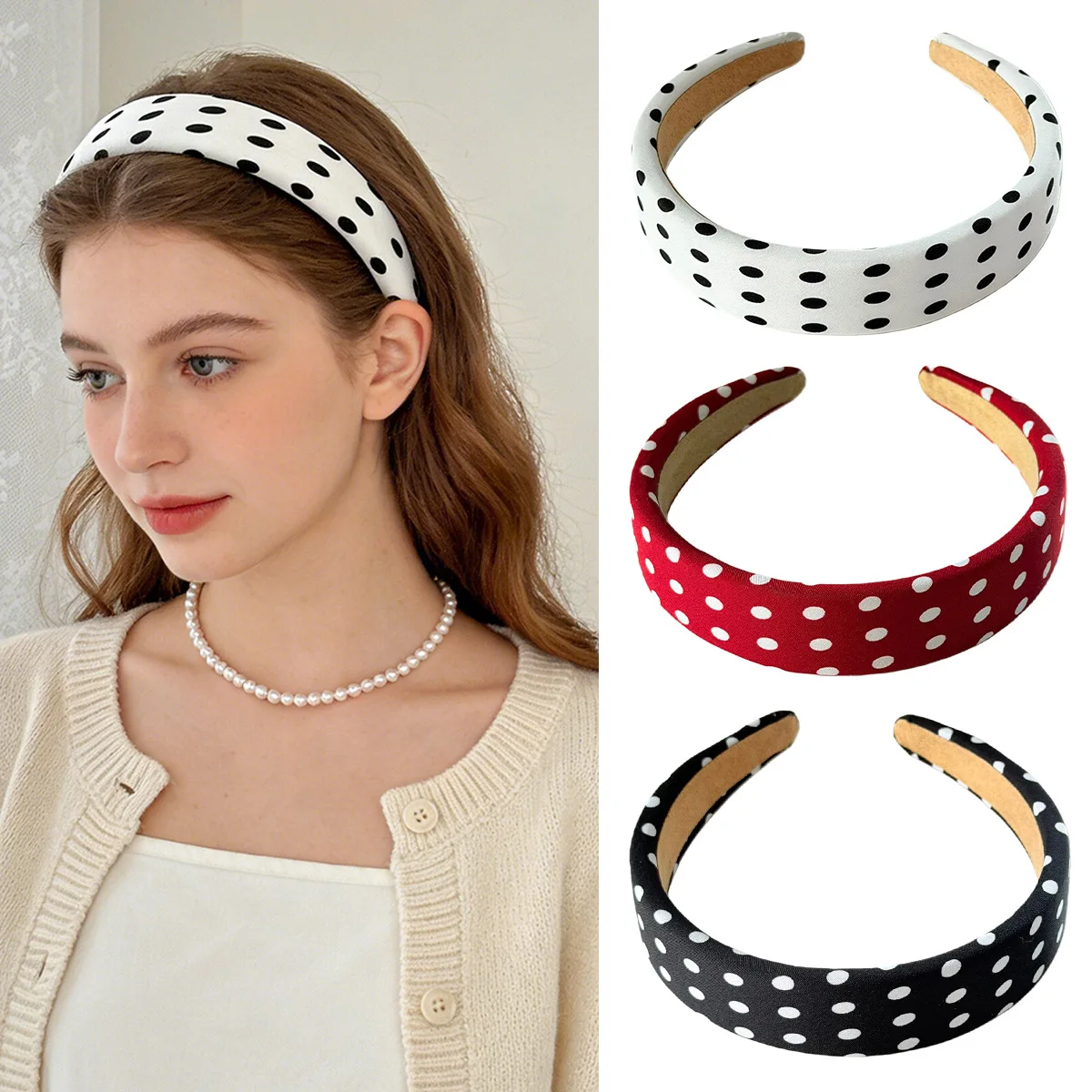 

Hot Selling French Style Polka Dot Headband High Elastic Non Slip Volume Lifting Hair Hoop for Women Face Washing