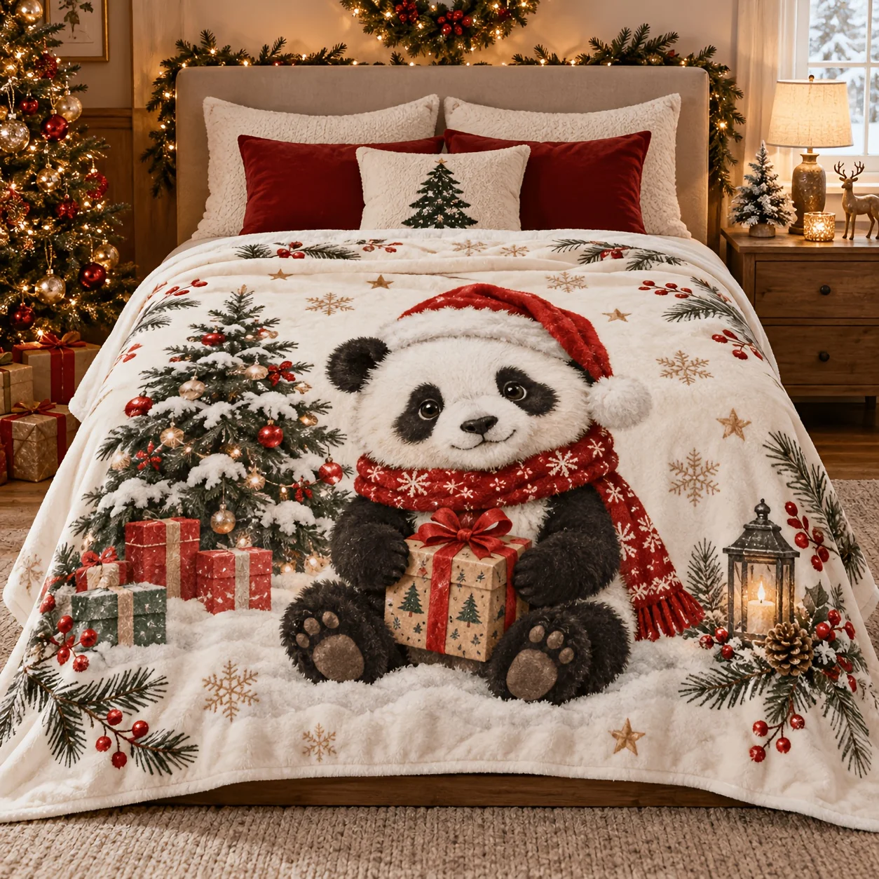 Panda Winter Christmas Blanket with Red Scarf & Christmas Hat Gift Elements Cozy Healing Western Holiday Home Throw Blanket for