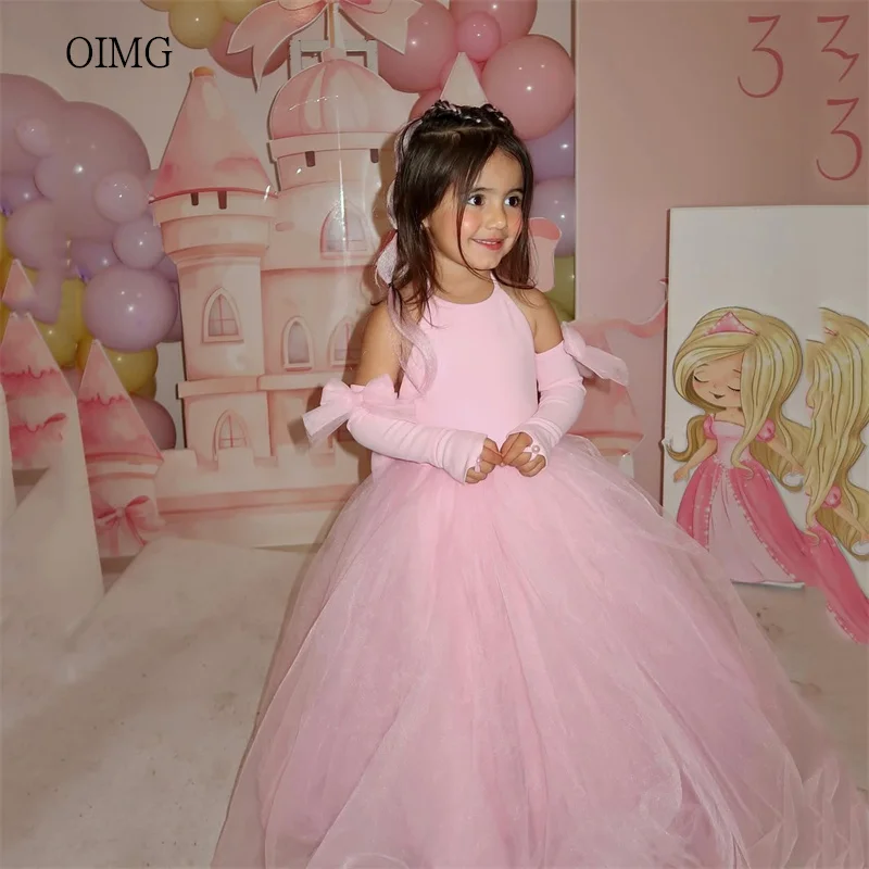 

OIMG Pink Bow Sleeves A Line Flower Girl Dresses O Neck Wedding Gown Floor Length Party Dress vestido de niña Customized