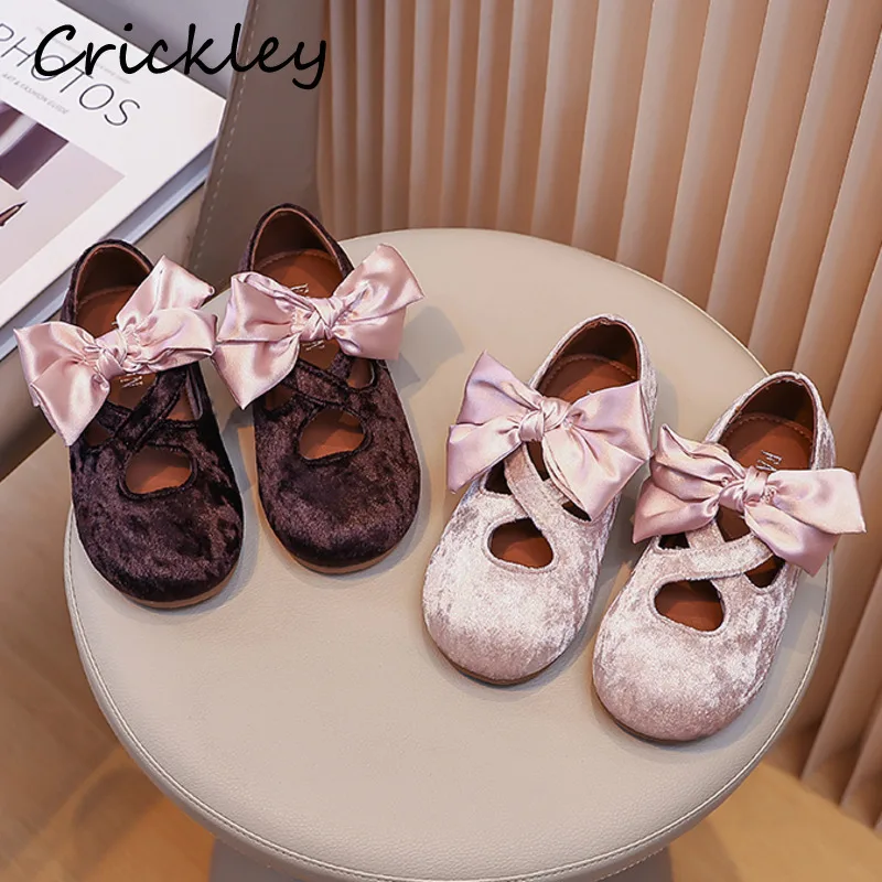 

Bow Velvet Kids Princess Shoes Spring Summer Solid Hook Loop Girls Ballet Flats Fashion Anti Slip Party Children Flats Shoes