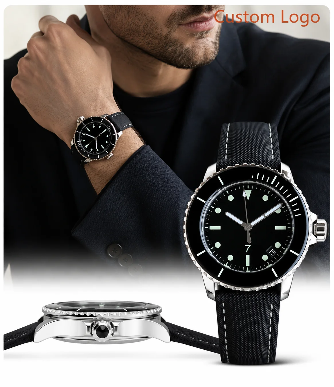 Men 42mm Vintage Diver Automatic Watch Black Ceramic Rotating Bezel Date Window Canvas Textured Leather Strap Waterproof Outdoor Diving Sports Male Mechanical Customized Watches