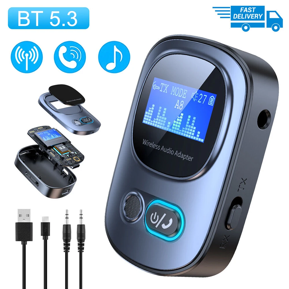 

Bluetooth 5.3 Audio Transmitter Receiver 3.5mm Jack AUX Wireless Audio Adapter LCD Display With Mic for TV Speaker Car Stereo