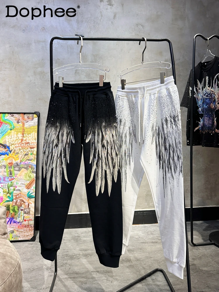 

Light Luxury Trendy Full Diamond Big Wings Hot Drilling Casual Pants Fashion Knitted Neutral High Street Men's Women's Trousers