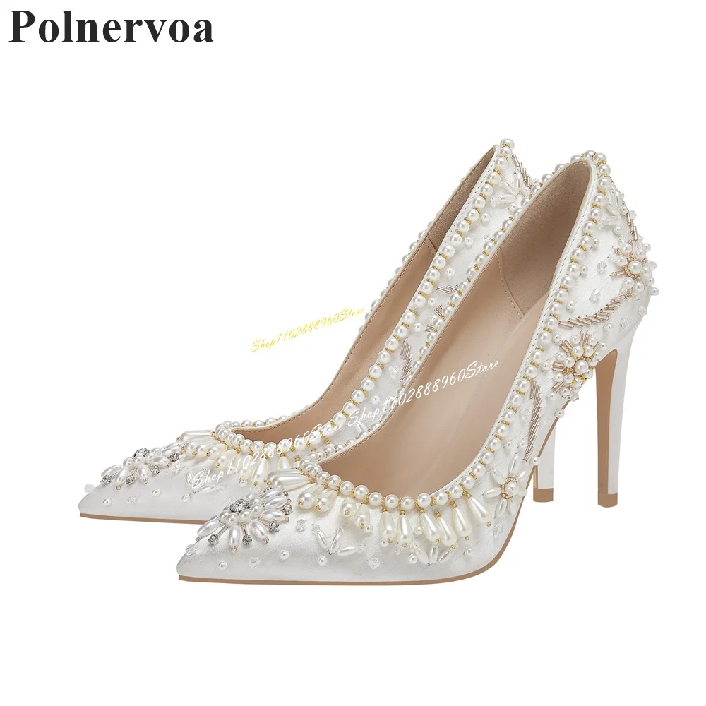 

Wedding White Pearl Decoration Pumps Thin High Heel Shoes For Women Slip On Pointed Toe 2024 Fashionable Zapatos Para Mujere