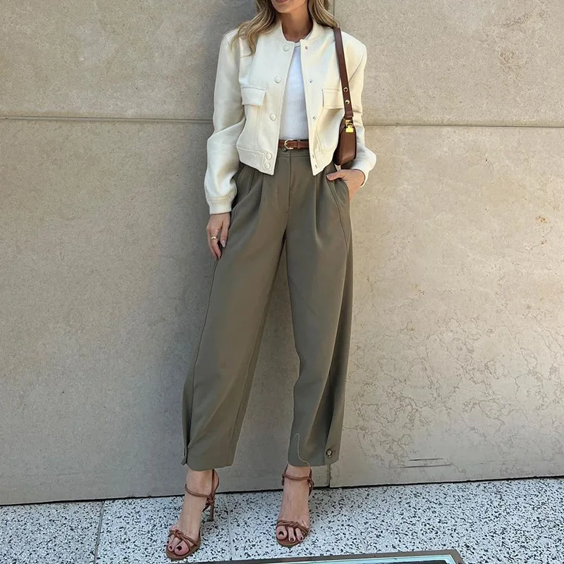 Women Pants Pockets Casual Nine-point Suit Pants Temperament High Waist Cargo Pants Zipper Fly Female Ankle Trousers Pantalones