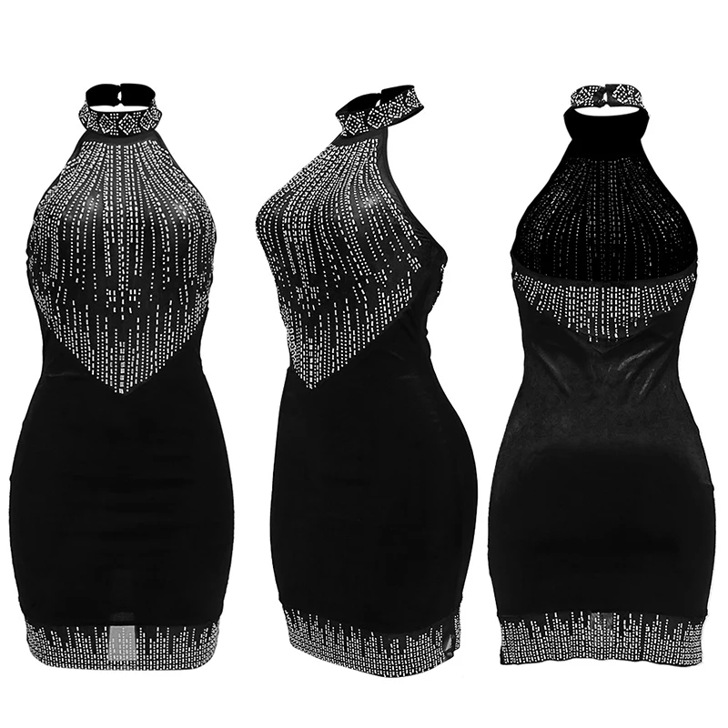 Europeo e americano 2024 moda estiva diamante caldo Sexy aperto indietro prospettiva senza maniche Splicing appeso al collo vestito
