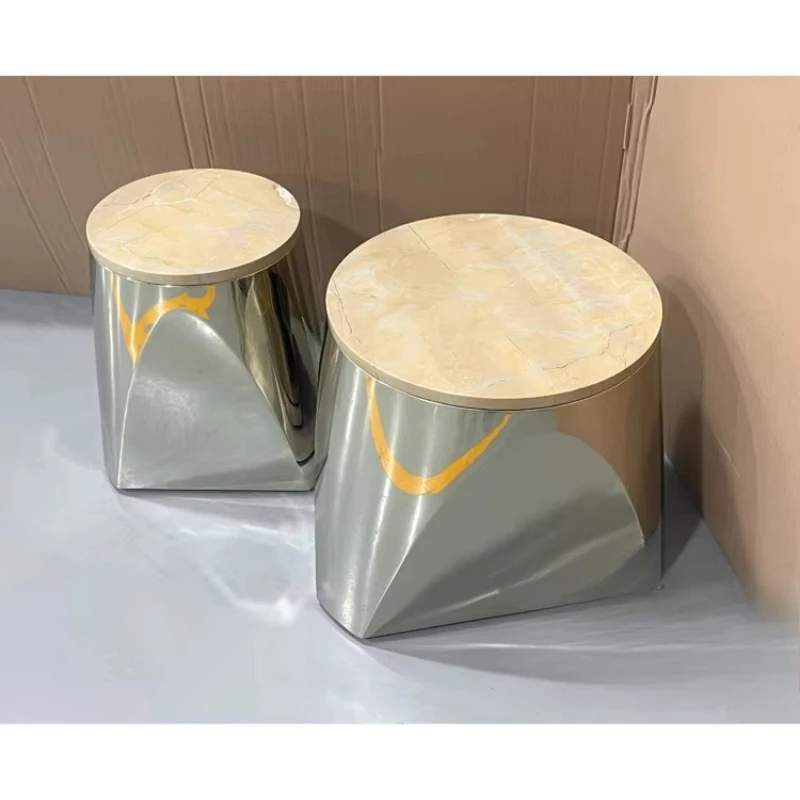 Modern polished stainless steel natural marble dome stool villa living room hotel side table