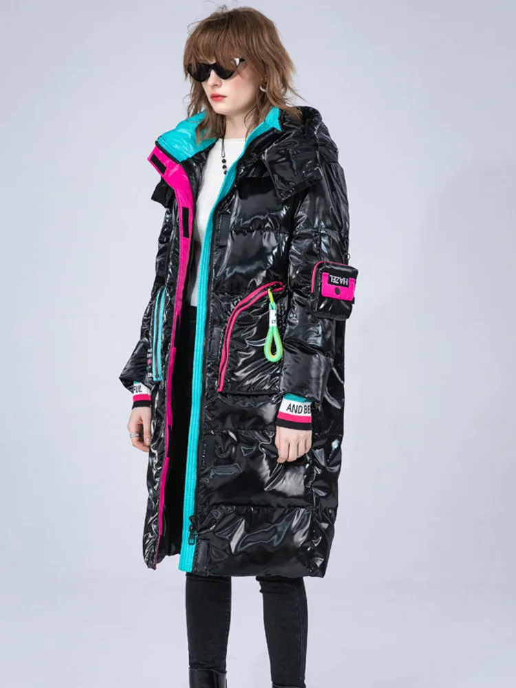 Winter Clothing Glossy Waterproof Coat Women Long 90% White Duck Down Coat Thick Loose Outerwear Warm Down Jacket Hooded Parkas