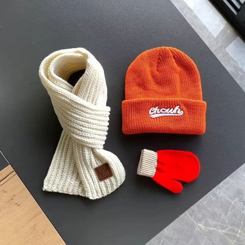 Baby hat Autumn and winter children's warm hat scarf gloves three-piece boys and girls knitted ear protection woolen hat new