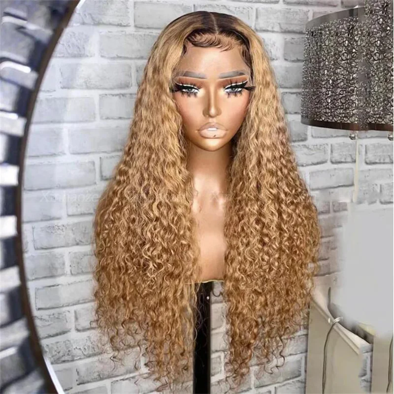 

Ombre Blond 180%Density Soft 26"Long Preplucked Kinky Curly Lace Front Wigs For Women Baby Hair Glueless Heat Resistant Daily