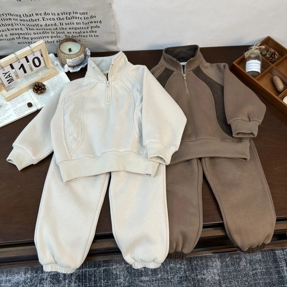 

2025 Winter New Children Plus Velvet Thick Warm Clothes Set Boys Girls Fleece Corduroy Sweatshirt + Pants 2pcs Suit Kids Outfits