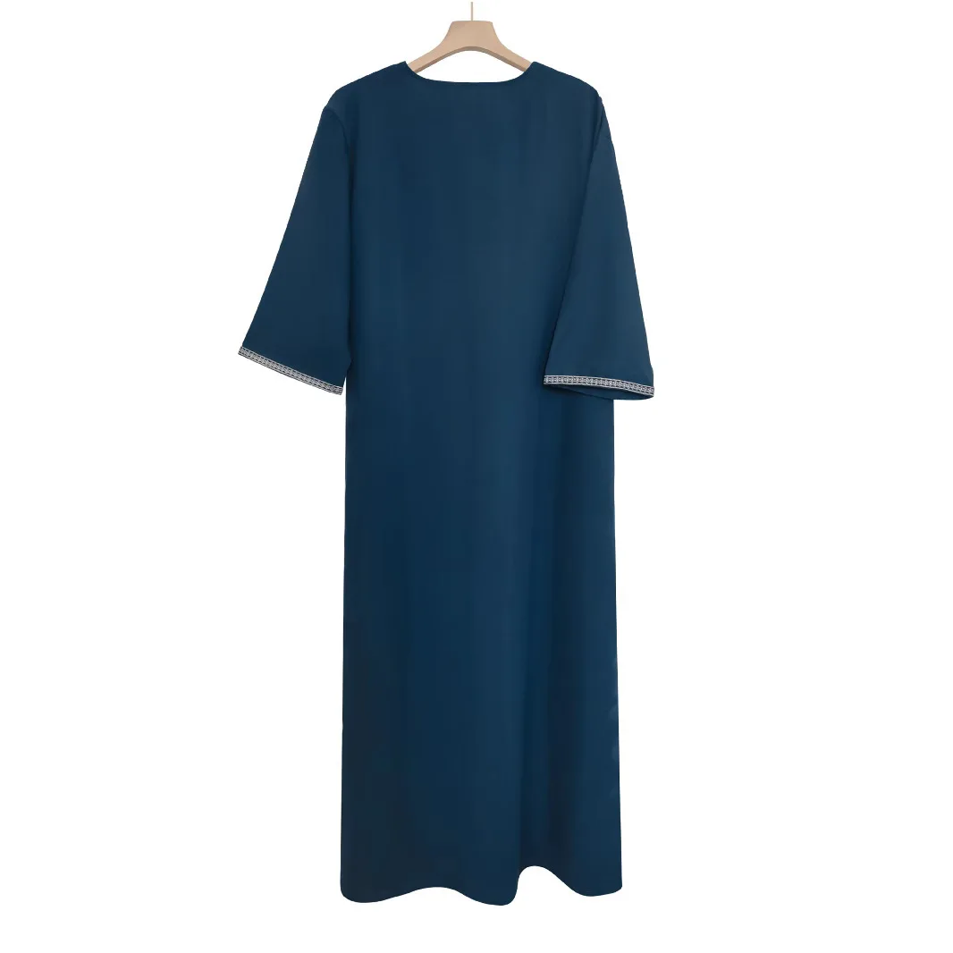 2025 New Muslim Mid Sleeve Embroidered Ethnic Style Moroccan Men's Robe Side Pocket Abaya Ramadan Dubai Luxury Islam Elegant