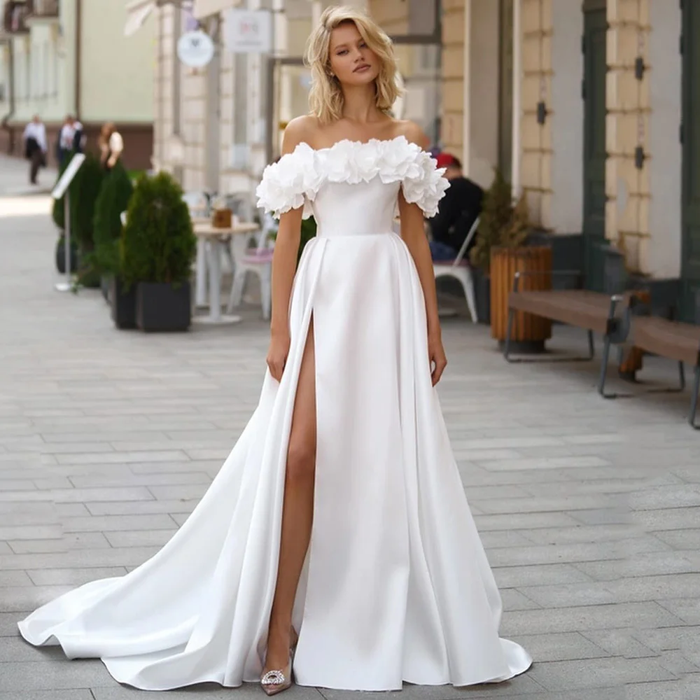 

Vestido de Casamento Elegant White Wedding Dress Satin 3D Flowers Bridal Dresses 2024 Side Slit Wedding Gowns Off Shoulder