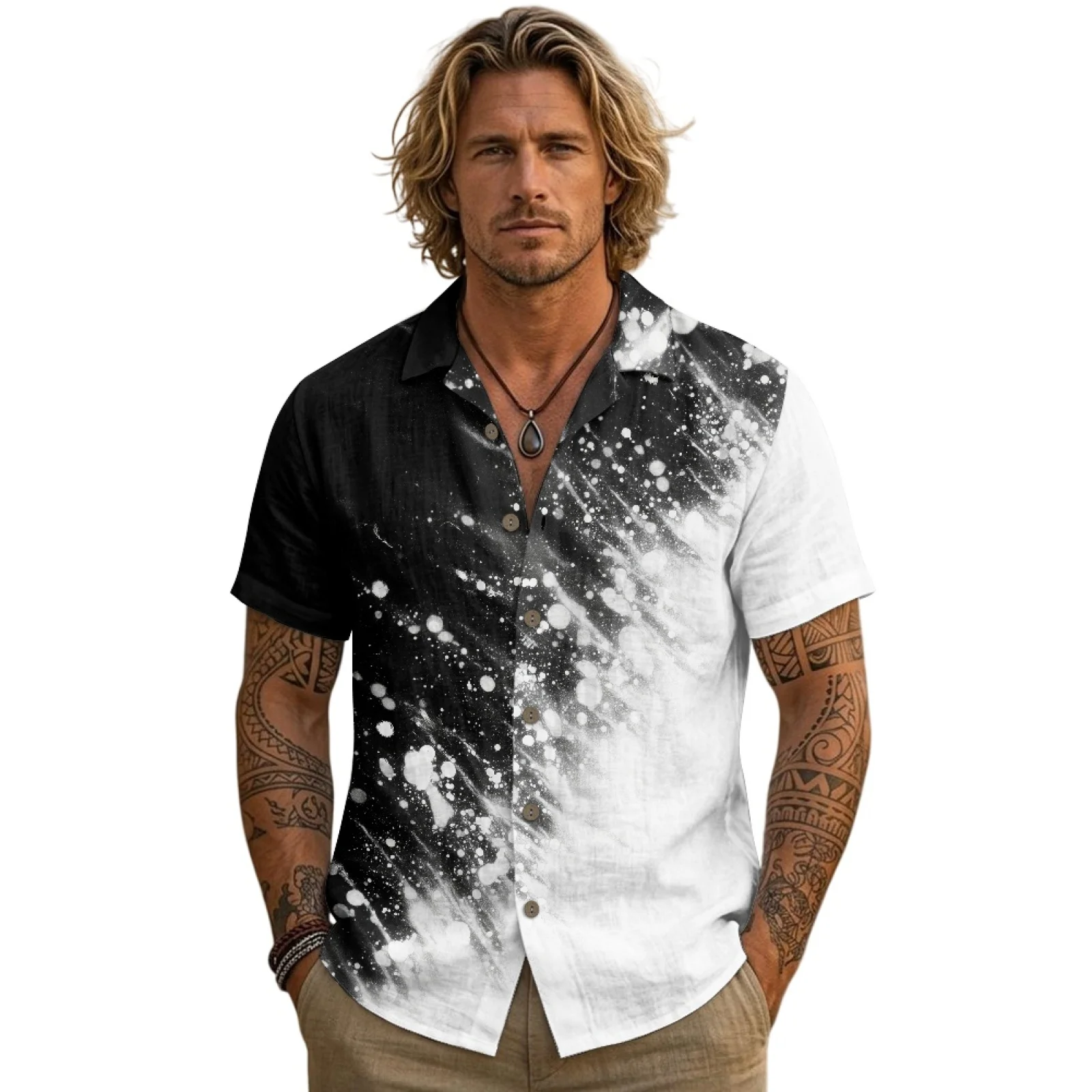 PENSTROLL Black White Ink Splatter Soft Men's Shirt for Spring Linen Style Hawaiian Shirt S-3XL