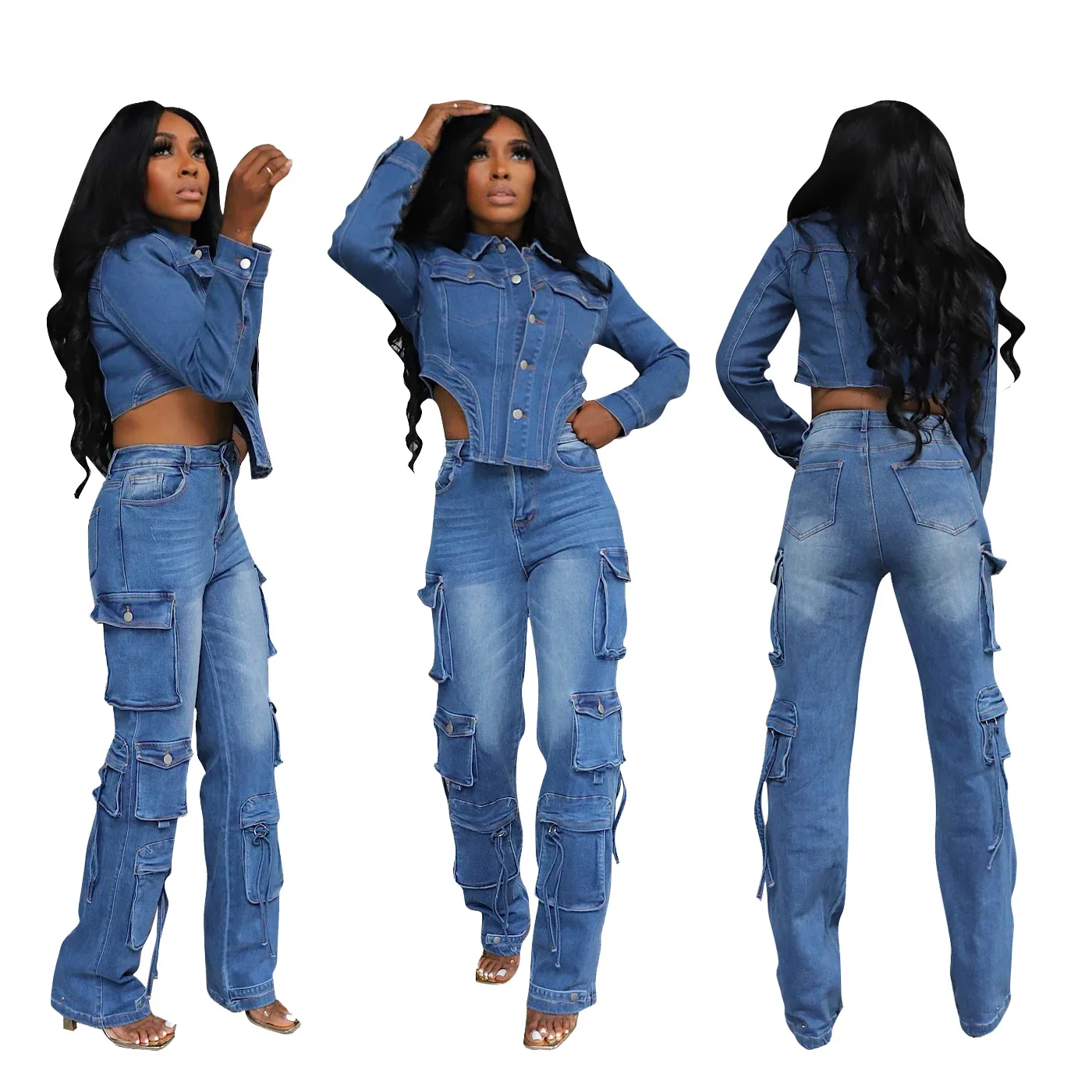 Denim Women 2 Piece Set Long Sleeve Button Up Crop Jackets Wide Leg Pockets Cargo Jeans 2024 Autumn Winter New Streetwear Outfit