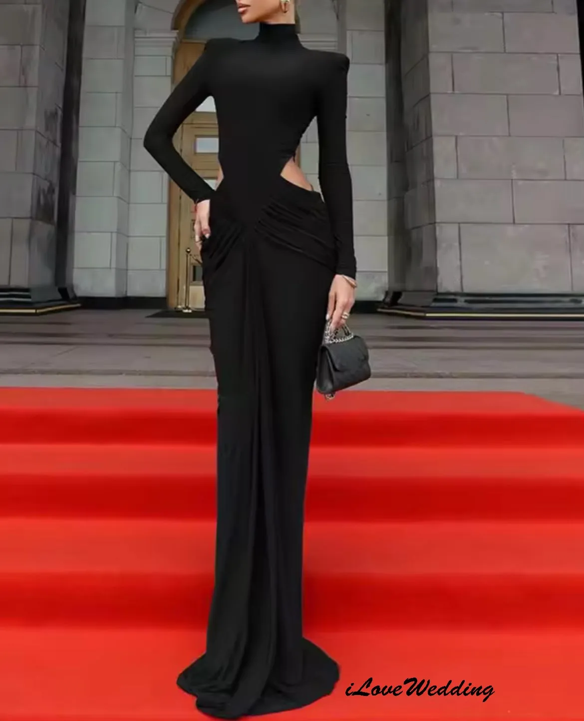 ハイネックエレガントなイブニングドレス 2025 長袖フォーマルガウンプリーツウエディングドレスマーメイド女性パーティードレスガラカスタマイズ