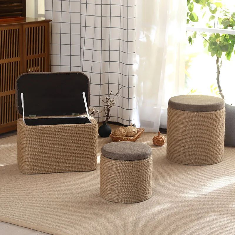 Shoe changing stool hemp rope solid wood storage stool ottoman sofa square stool sitting box sorting storage box entrance