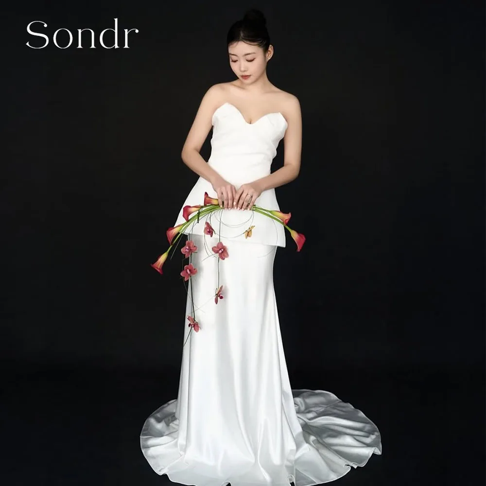 

Sondr Customized Satin Korean Wedding Dresses Elegant Strapless Court Train Bridal Gown Photo Shoot Mermaid Women Party Gown