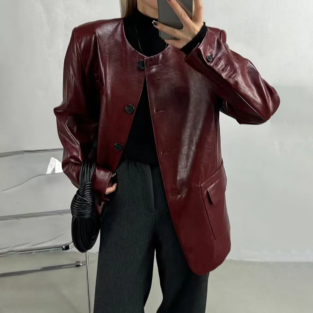 TWOTWINSTYLE PU Leather Blazer For Women Round Neck Long Sleeve Patchwork Single Breasted High Street Coat Female Fashion Style