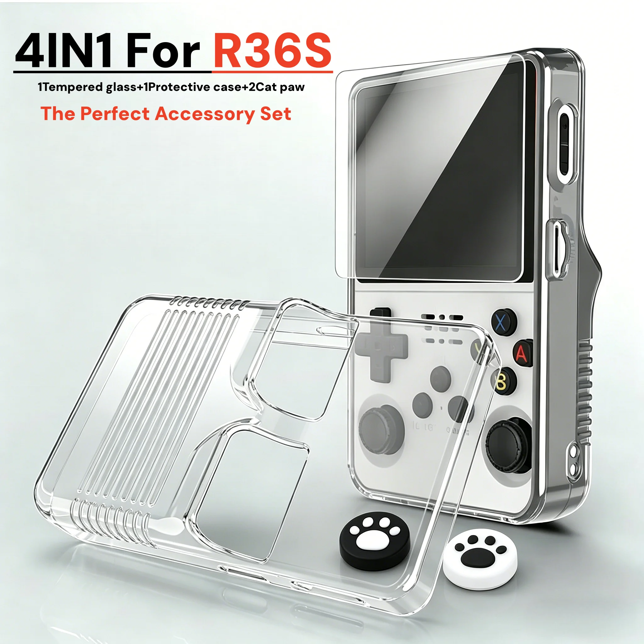 4 in1 Accessories Set for R36S Handheld Console - Includes 1 Tempered Glass Screen Protectors + 2 Joystick Caps + 1 Case