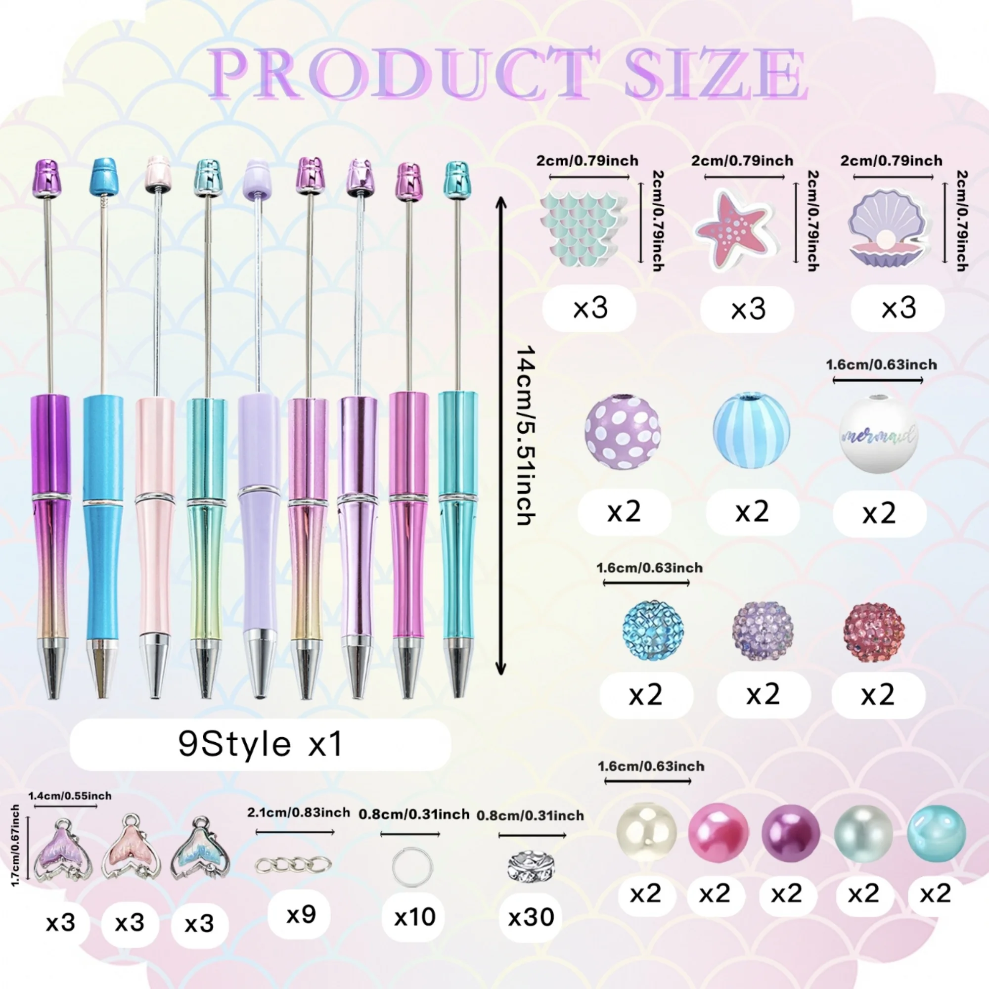8PCS/9PCS Blue Purple Gradient Underwater Mermaid Theme DIY Beaded Ballpoint Pen,, Fish Tail Pendant Set，Office&Study
