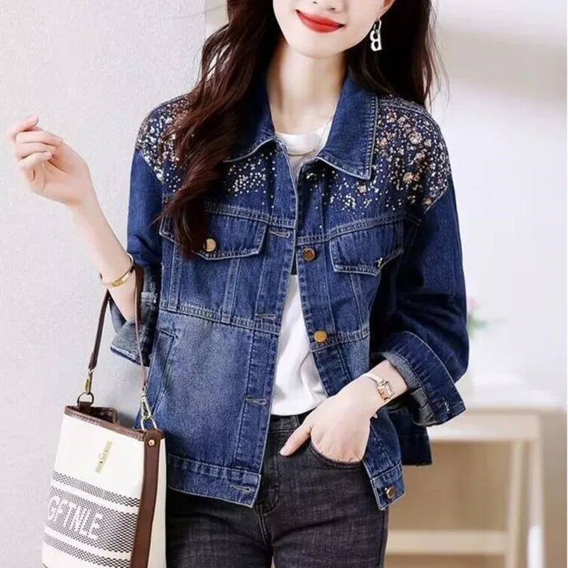 2024 Autumn New Short Denim Jacket Women Heavy Industry Elegant Slim Jeans Coat Basic Jacket Streetwear Outerwear Female