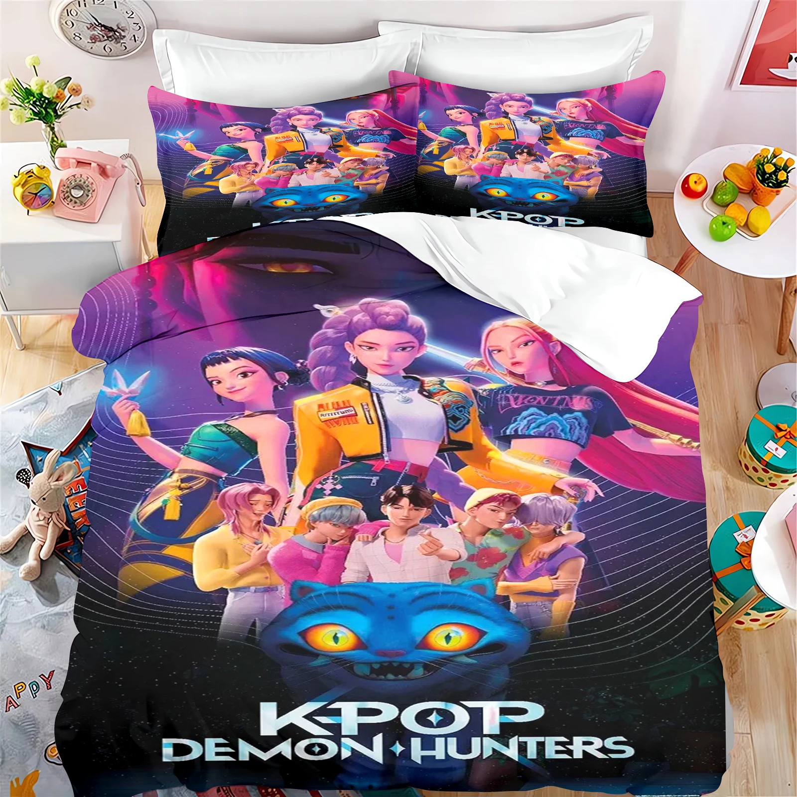 KPop Demon Hunters Anime 100% Polyester Bedding Set Duvet Cover Set Printed Cartoon Home Decor