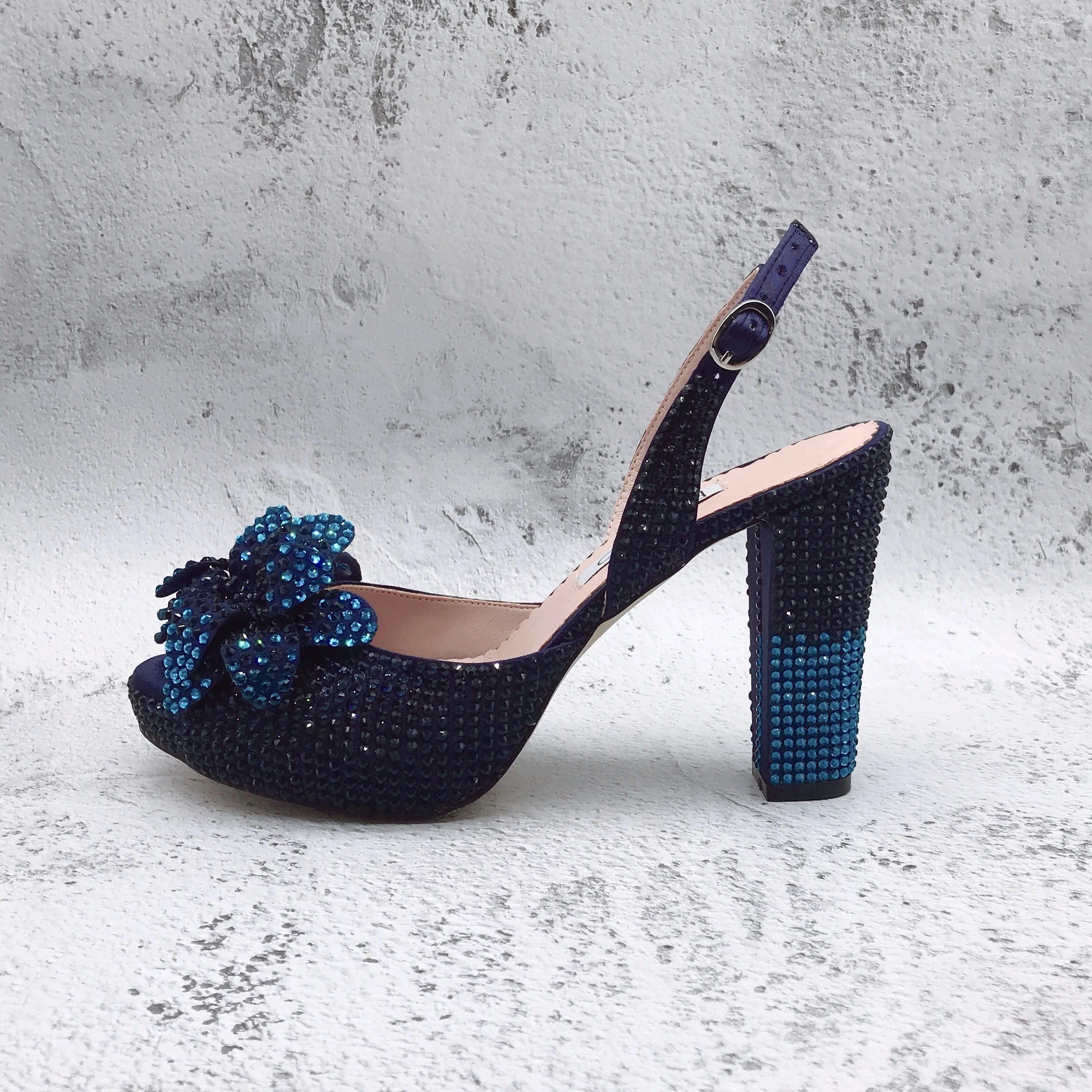 BS1651 Luxury New Design Custom Made Women Shoes Floral  Bridal Wedding Shoes Navy Blue Turquoise Flower Shoes With Matching Bag